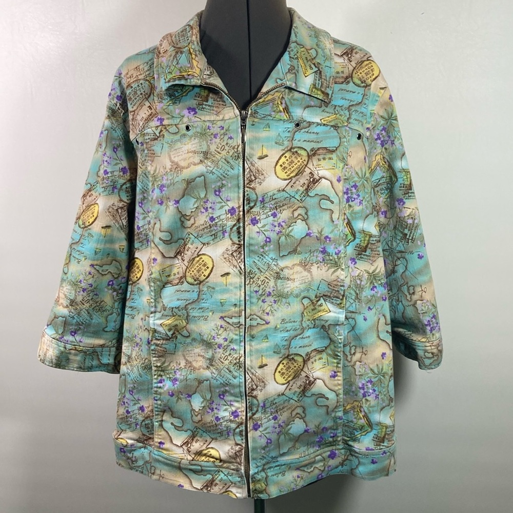 C.J. Banks Jacket Women Size 2X Multi Print Stretch Zipper Front 3/4 Sleeve